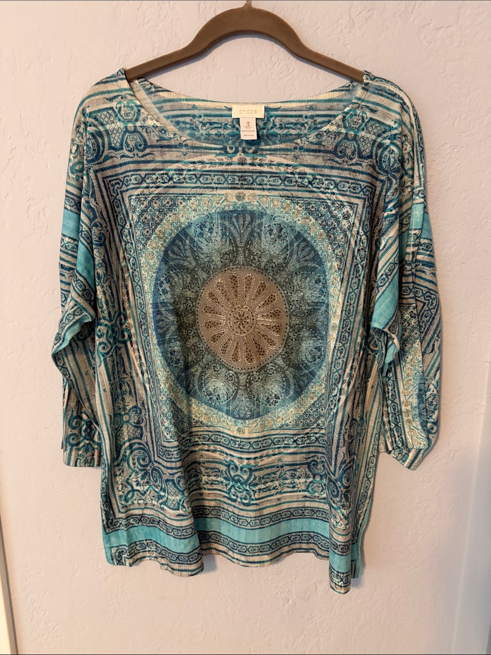 Chico's Turquoise and Gray Medallion Print Scoop Neck Top